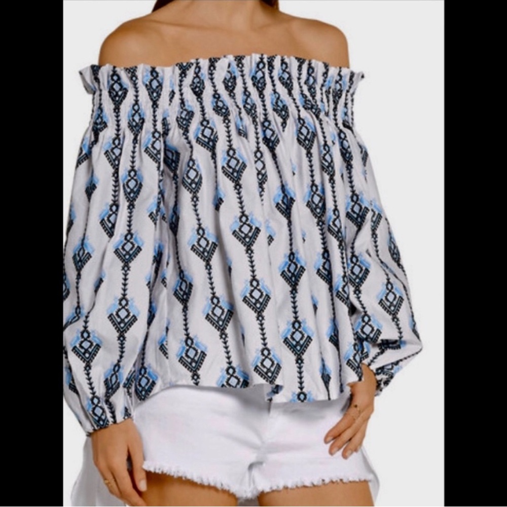 Caroline Constas women Off Shoulder white Blue 100% cotton long sleeve blouse S